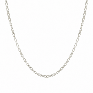 A silver-chain necklace with a flat, polished finish, displayed in a U-shape against a solid white background.