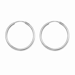 A pair of polished silver hoop earrings shown on a plain white background.