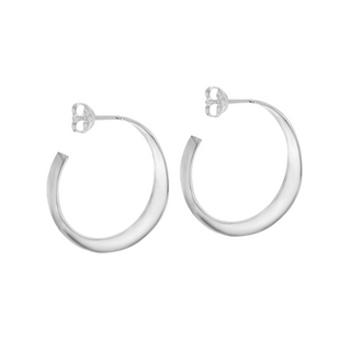 A pair of silver 25mm flat twist hoop earrings with a hook and twist design.
