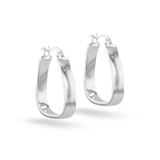 Silver 25mm wide hoop earrings with a triangular shape and smooth, polished finish