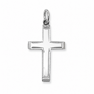 A polished silver cross pendant with a smooth, flat center and beveled edges, featuring a small top loop for a chain, shown on a plain white background.