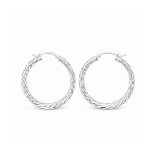 Pair of silver hoop earrings on a white background