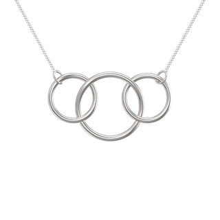 Silver necklace with three interlocking rings on a white background