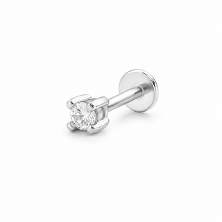 A silver-tone solitaire stud piercing earring with a round-cut clear gemstone in a four-prong setting, shown on a clean white background.