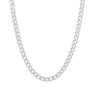 A silver-toned metal chain necklace with a curb link pattern, displayed against a clean, light gray background.