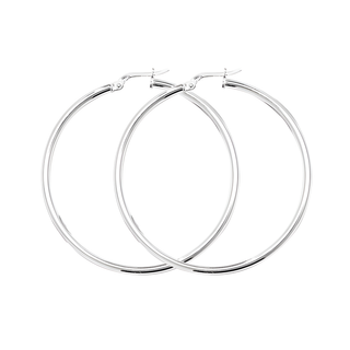 Pair of 40mm silver hoop earrings on a white background