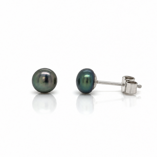 black colour freshwater pearl stud earrings set on silver posts