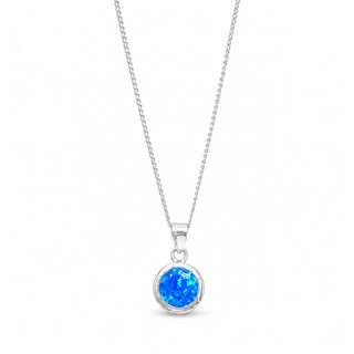 Silver necklace with a blue pendant on a white background