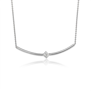 Silver curved necklace with a small square white topaz stone on a white background