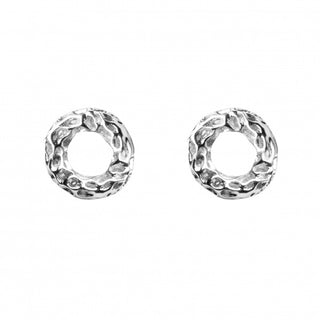 Pair of silver hoop earrings on a white background