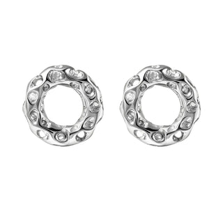 Pair of silver hoop earrings with embedded stones on a light gray background
