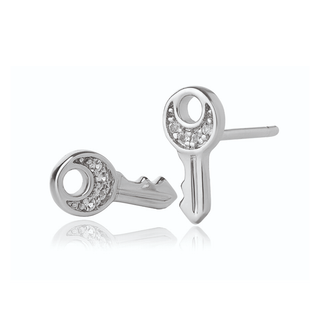 A pair of key shaped sterling silver earrings with white topaz accents designed to resemble keys.