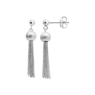 A pair of silver tassel drop earrings with a chain of tassels in between.