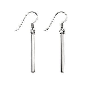 A pair of sterling silver drop earrings with a barbell design, displayed against a white background.