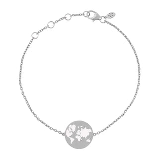 Silver bracelet with a world map charm on a white background