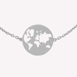 Silver necklace with a world map pendant on a white background