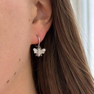 Silver Bee Drop Hoop Earrings