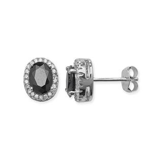 Silver Black Oval Cubic Zirconia Halo Stud Earrings