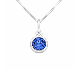 Silver necklace with a blue gemstone pendant on a white background