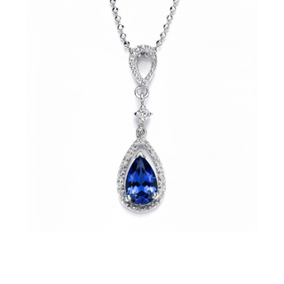 Teardrop-shaped blue gemstone pendant on a white background