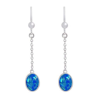 A pair of silver created opal long chain drop earrings with hook fittings.