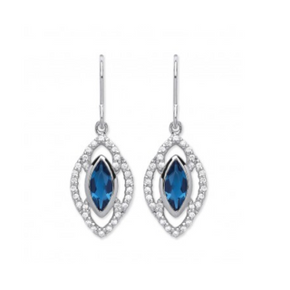 A pair of silver earrings featuring a central blue crystal with a surrounding pattern of shimmering cubic zirconia, designed in an ornate, vintage-inspired style.