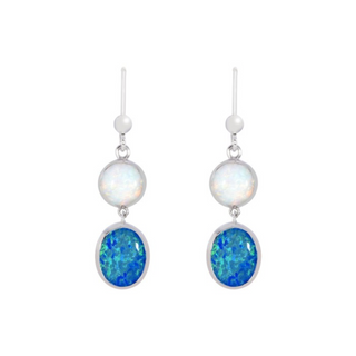 A pair of silver created opal drop earrings with hooks.