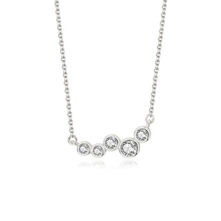 Silver necklace with circular pendants on a white background