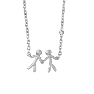 Silver necklace with two stick figure pendants holding hands on a white background