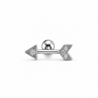 A silver-toned arrow-shaped barbell stud earring with clear pavé gemstones on the arrow heads, shown on a plain white background.