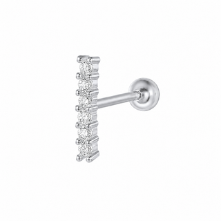 A silver-toned vertical bar stud earring with seven clear rectangular gemstones, shown against a plain white background.