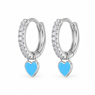 Silver CZ Blue Heart Charm Hoop Earrings