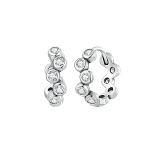 A pair of silver-colored hoop earrings with cubic zirconia accents, designed with a huggie-style closure.