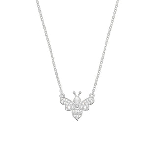 Silver bee pendant necklace on a white background