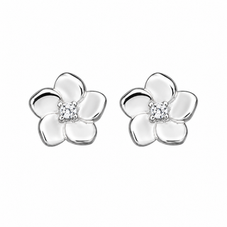 A pair of silver flower stud earrings with five petals and a small clear crystal center, shown on a plain white background.