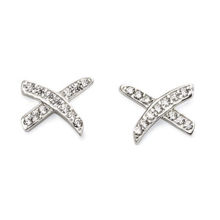 A pair of silver stud earrings featuring a kiss design adorned with cubic zirconia.