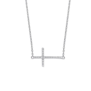 Silver CZ Sideways Cross Necklace