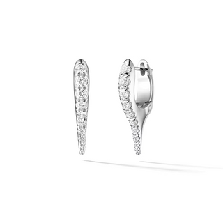 Pair of silver hoop earrings with clear gemstones on a white background