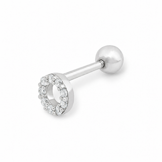 A silver-toned labret stud earring featuring a circular halo bezel-set with clear cubic zirconia stones, shown on a plain white background.