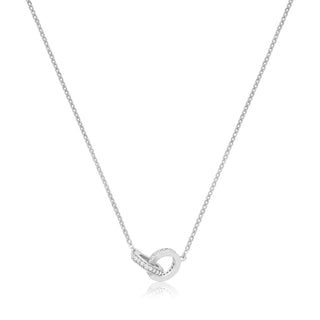 A silver chain necklace with a polished interlocking knot pendant, photographed on a clean white background with a subtle reflection below.