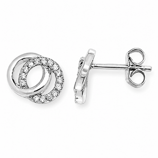 A pair of silver double-ring stud earrings with pavé-set clear stones, shown from the front and side on a white background.