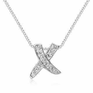 Silver necklace with an 'X' shaped pendant on a white background