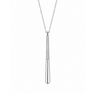 Silver necklace with a vertical pendant on a white background