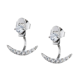 Pair of silver earrings with clear gemstones on a white background