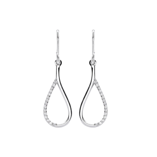 Pair of open raindrop shaped silver earrings with czaccents on a white background