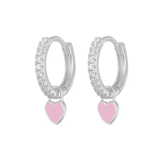 Silver CZ Pink Charm Heart Hoop Earrings