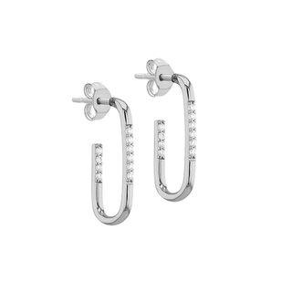 Silver CZ Rectangle Half Hoop Drop Earrings