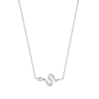 Silver snake-shaped pendant necklace on a white background