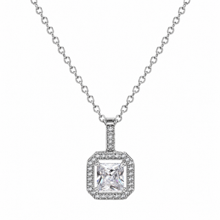 A silver-toned necklace featuring a square halo pendant with a central princess-cut clear gemstone surrounded by smaller stones, suspended from a delicate link chain against a plain white background.