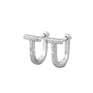 Silver hoop earrings with small diamonds on a white background
